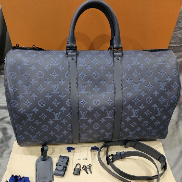 Louis Vuitton Keepall Bandouliere 50 Giant Monogram Shadow Blue Travel Bag Leath - Picture 2 of 16